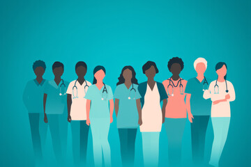 Healthcare workers stood together as a team. Doctor and nurse group illustration