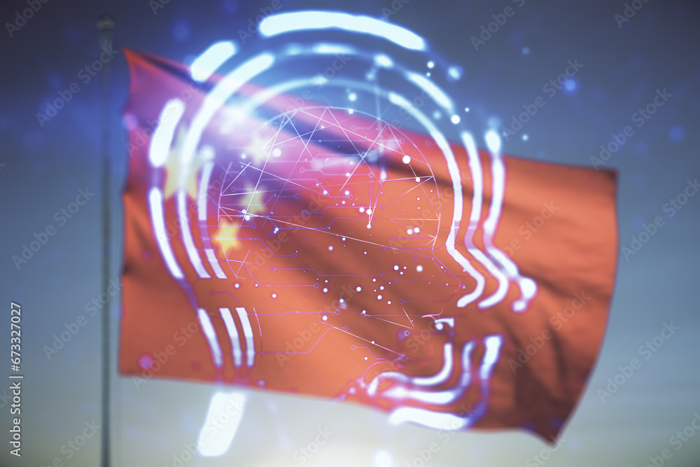 Poster double exposure of creative artificial intelligence hologram on flag of china and sunset sky backgro