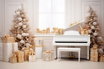 Elegant White Christmas with Golden Piano