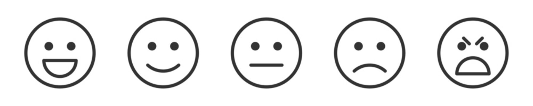 Naklejki Feedback emotions icon. Happiness, smile, frustration, discontent, angry emoji symbols. Smileys black icons set. Vector stock illustration.
