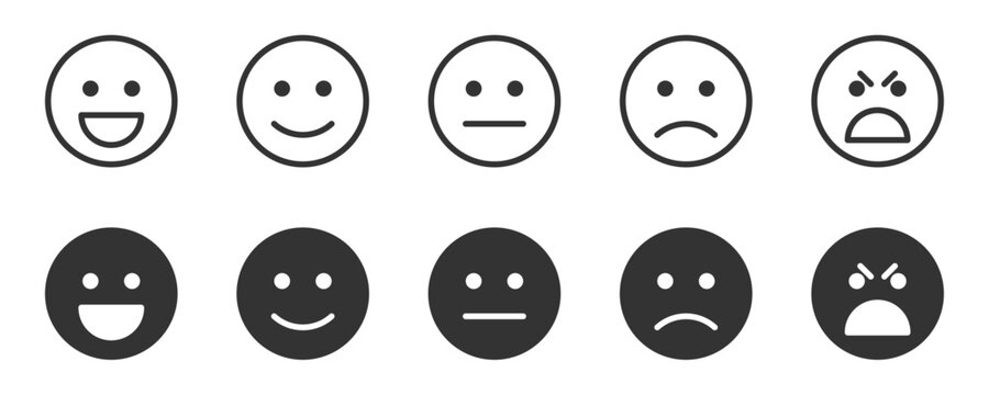 Feedback emotions icon. Happiness, smile, frustration, discontent, angry emoji symbols. Smileys black icons set. Vector stock illustration.