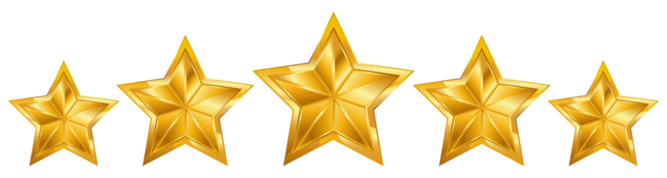 5 gold star for rating, different sizes, vector.