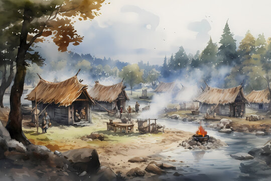 Vikings village with viking people and houses, watercolor illustration
