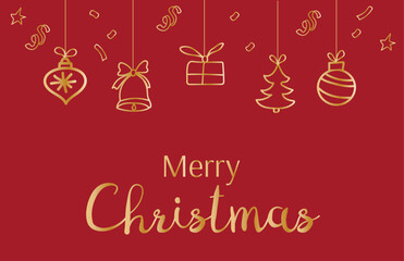 Merry Christmas card horizontal  banner with gold line doodle elements and serpentine.