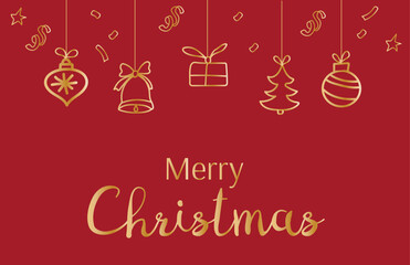 Naklejka premium Merry Christmas card horizontal banner with gold line doodle elements and serpentine.