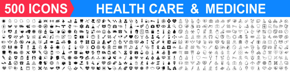 Medicine and Health care flat 500 icons set. Collection health care medical sign icons in line and outline form – stock vector - obrazy, fototapety, plakaty