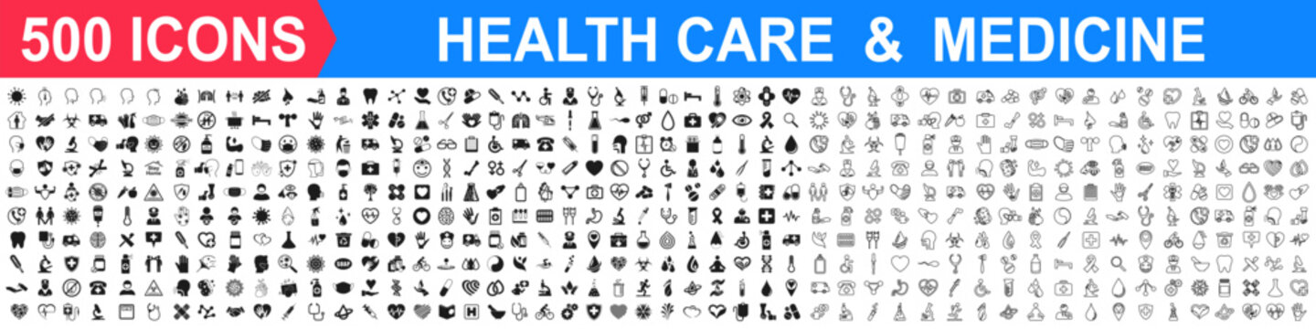 Medicine and Health care flat 500 icons set. Collection health care medical sign icons in line and outline form – stock vector