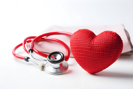 red heart love shape with doctor's stethoscope on white background