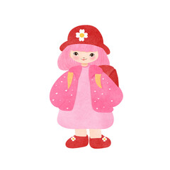 Pink short-haired girl in a pink dress wearing a red hat