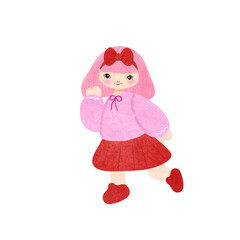 Pink short-haired girl in a pink dress a bow red