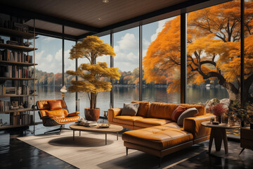 living room interior,autumn in the city