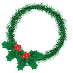 Christmas Fir Wreath with Holly Berries. Festive winter decoration concept vector