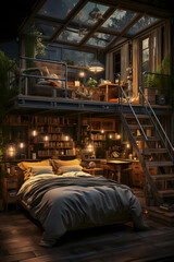 loft with bed on the mezzanine - obrazy, fototapety, plakaty