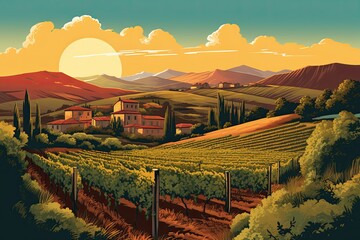 Retro style illustration of a vineyard and winery at sunset. Warm autumn tones of rolling hills and rows of vines. 1950s style travel poster. - 673330471