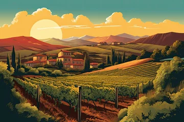 Fotobehang Retro style illustration of a vineyard and winery at sunset. Warm autumn tones of rolling hills and rows of vines. 1950s style travel poster. © Rixie