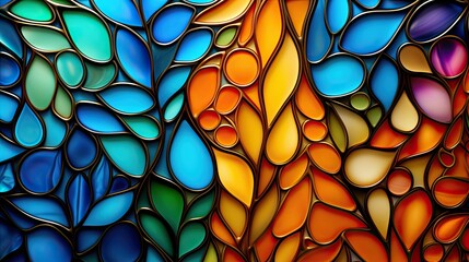 AI-generated macro illustration of detail in an abstract leaded glass window in yellow, orange, green and blue. . MidJourney. - obrazy, fototapety, plakaty