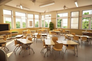 Creating conducive study spaces by arranging tables, chairs, and educational equipment in classrooms. Generative AI