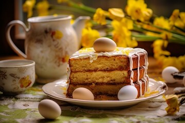 Delicious Easter cake and eggs resting on a table. Generative AI