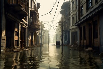 Desolate street amidst submerged structures due to city flood. Generative AI
