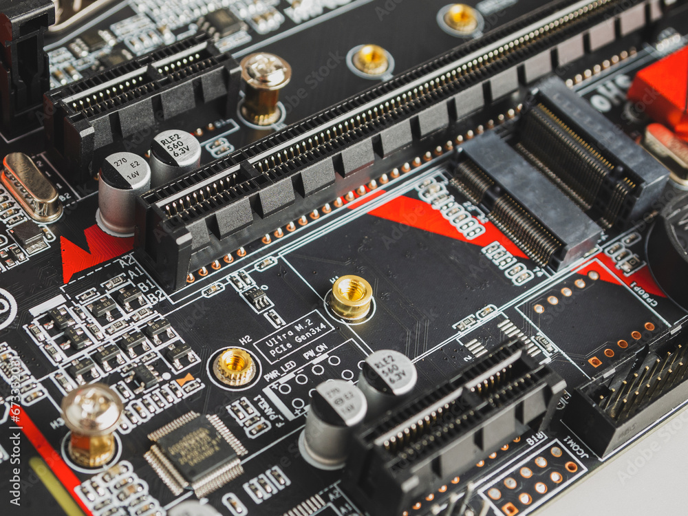 Aufkleber psi express port connector on the motherboard, high-speed data bus in a computer