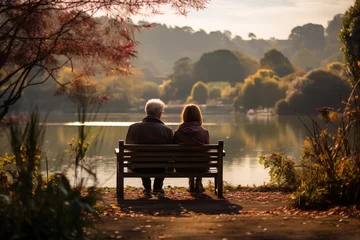 Foto op Canvas couple sitting on bench in park © lichaoshu