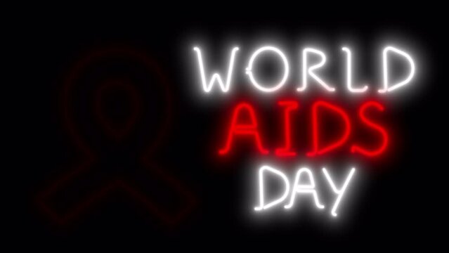Neon World AIDS Day with red ribbon on black screen. Stock illumination in 4K with alpha channel.