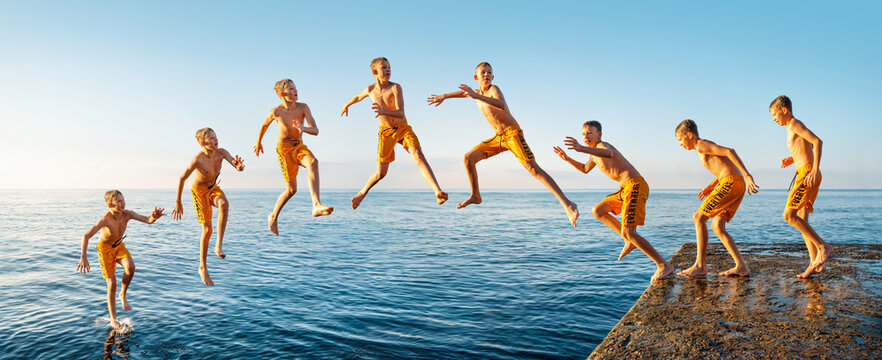 Sequence of jump. Moments of schoolboy jumping from stone pier into sea at sunrise doing tricks in combined image sequence