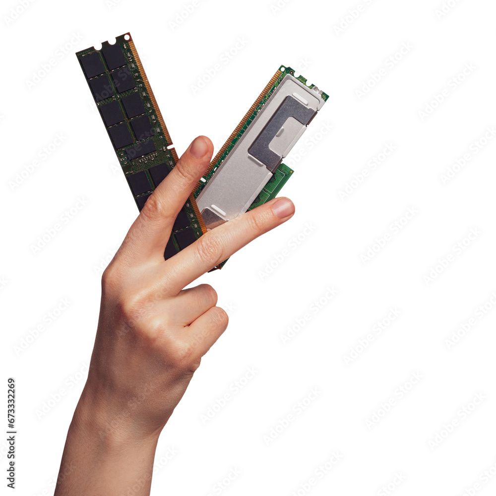 Poster hand holding ram modules to assemble a computer, choosing the right components for a computer, types