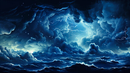 Oceanic Dreams Under Starlit Skies: Lightning Illuminates the Dark Depths of Serene Seas - obrazy, fototapety, plakaty