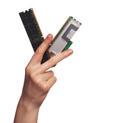 Hand holding RAM modules to assemble a computer, choosing the right components for a computer, types of RAM isolated