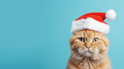 Close-Up of a Playful Red Tabby Cat in a Santa Hat, Isolated on a Soft Cyan Background