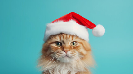 Close-Up of a Ginger Cat in a Santa Hat, Isolated on a Soft Cyan Background