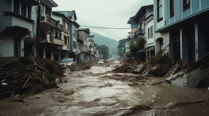 Stadt wird vom Hochwasser überflutet. Ort steht unter Wasser, da der Fluss übergetreten ist bei einem Unwetter. Überschwemmung der Straße und Häuser. - obrazy, fototapety, plakaty