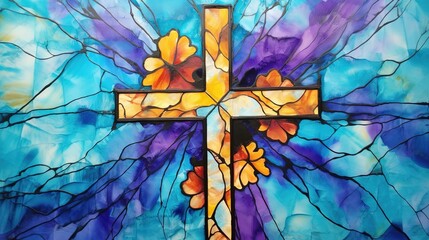 Christliches Kreuz auf Buntglas. Fenster mit gelbem Kreuz. Symbol für den christlichen Glauben aus Glas. Bleiglasfenster als buntes Kirchenfenster. - obrazy, fototapety, plakaty