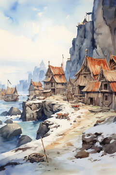 Vikings village with viking people and houses, watercolor illustration