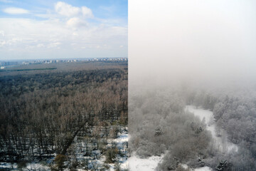 Winter forest with snow trees before and after the autumn weather. Snow blizzard and clear fall weather.