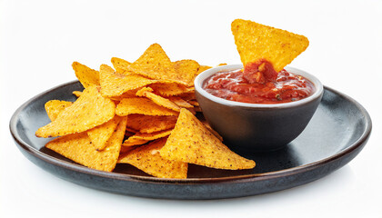 Nachos Mexican corn chips with salsa sauce isolated on white background.