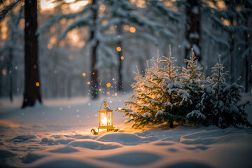 Christmas card: winter snowy forest. A glowing vintage lantern stands on the snow in the middle of...