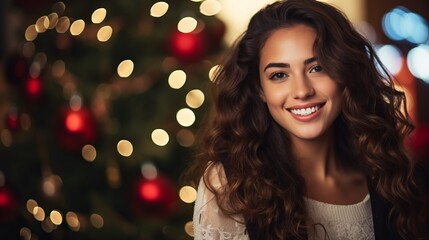 Obraz na płótnie Canvas beautiful caucasian female smiles near the christmas tree