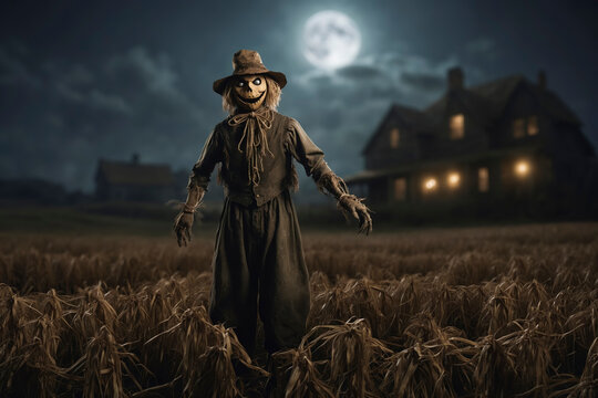 Creepy scarecrow in a field at night with a full moon behind and a farmhouse in the distance.