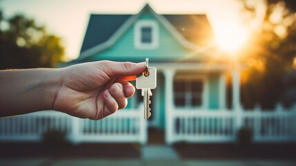 Hand with a key on the background of the new house