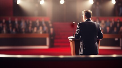 Political debate stage, politician speaking publicly - obrazy, fototapety, plakaty