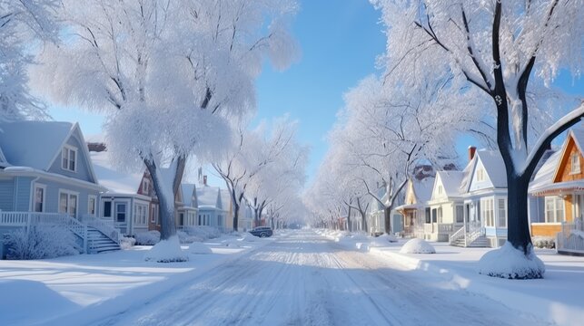 Row of the snowbound houses homes with the sidewalk