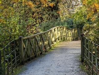 A wooden bridge hit by bright sunlight casting shodows of the structure across the walkway surrounded by trees.