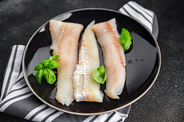 fish blue whiting fillet fresh seafood delicious healthy eating Pescetarian cooking appetizer meal food snack on the table copy space food background rustic top view