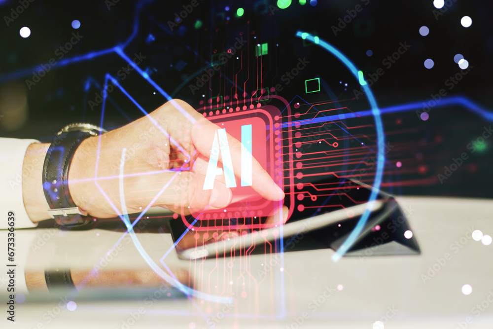 Poster double exposure of creative artificial intelligence abbreviation and hand working with a digital tab