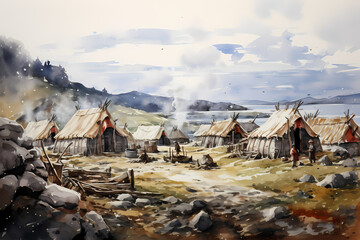 Vikings village with viking people and houses, watercolor illustration