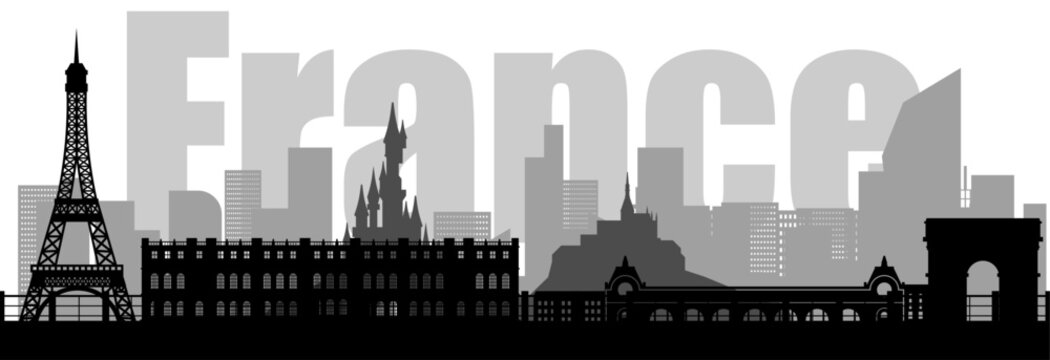 Silhouette of France landmarks, vector illustration.