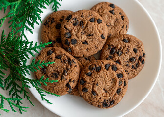 Chocolate cookies on a plate with spruce branches on the table. Dark chocolate cookies on a plate, Christmas cookies chocolate cinnamon sweet dessert holiday treat new year and christmas food