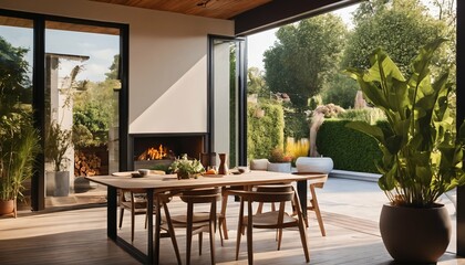 Fireplace and outdoor deck in sunny dining space